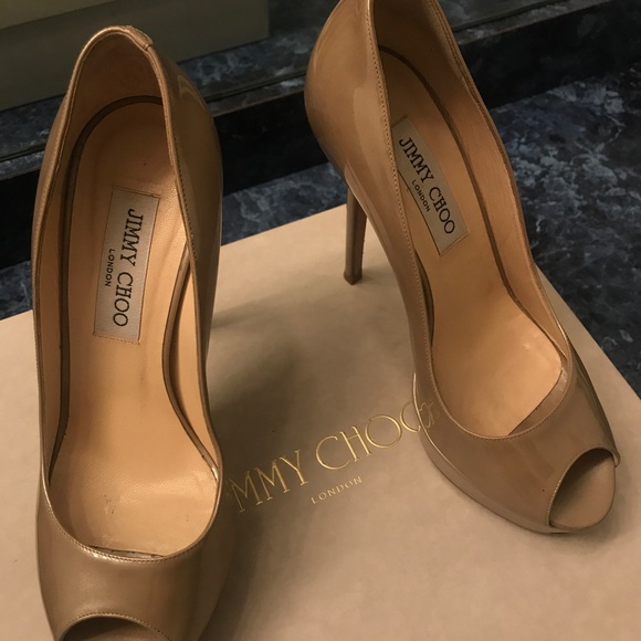 Jimmy Choo Luna 100 Taupe Patent Peep Toe Heels - Picture 2 of 7
